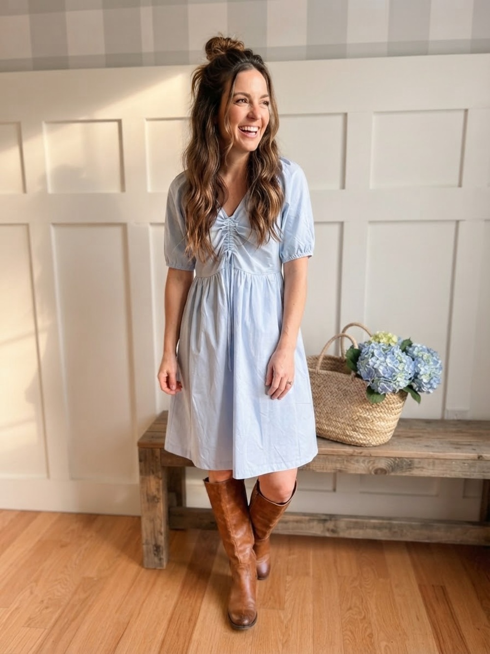 Light Blue Short Sleeve Midi Babydoll Dress with Gathered Front Medium